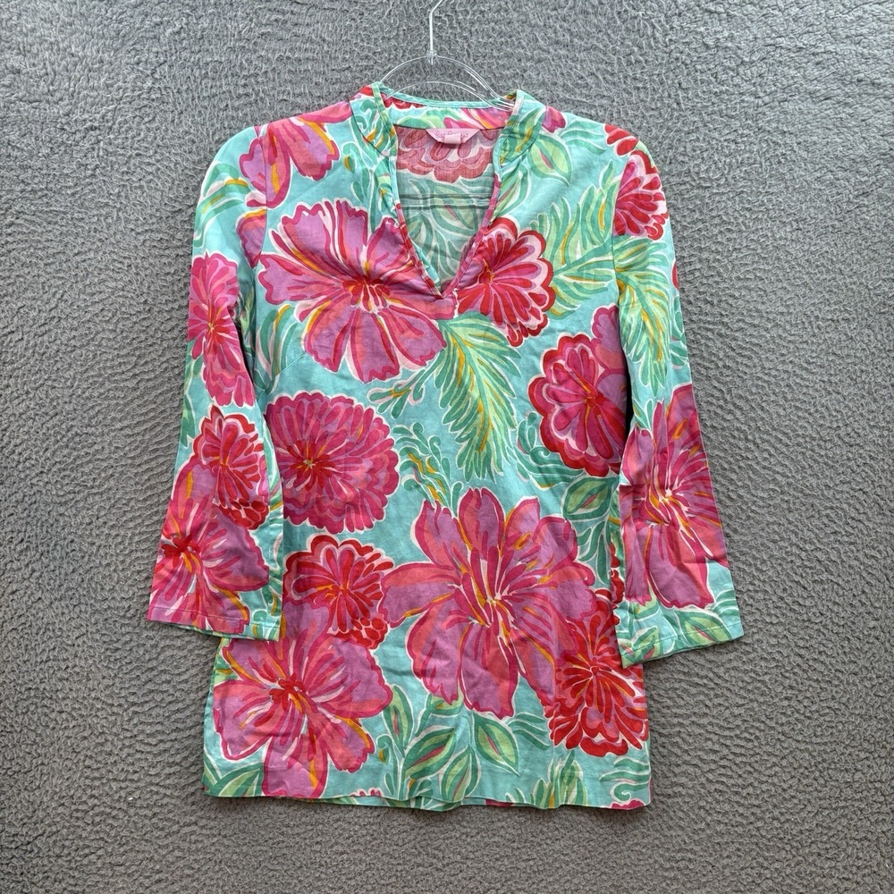 Lilly Pulitzer Top Womens XS Ciara Tunic Pink Blue Geometric‎ V Neck Long Sleeve